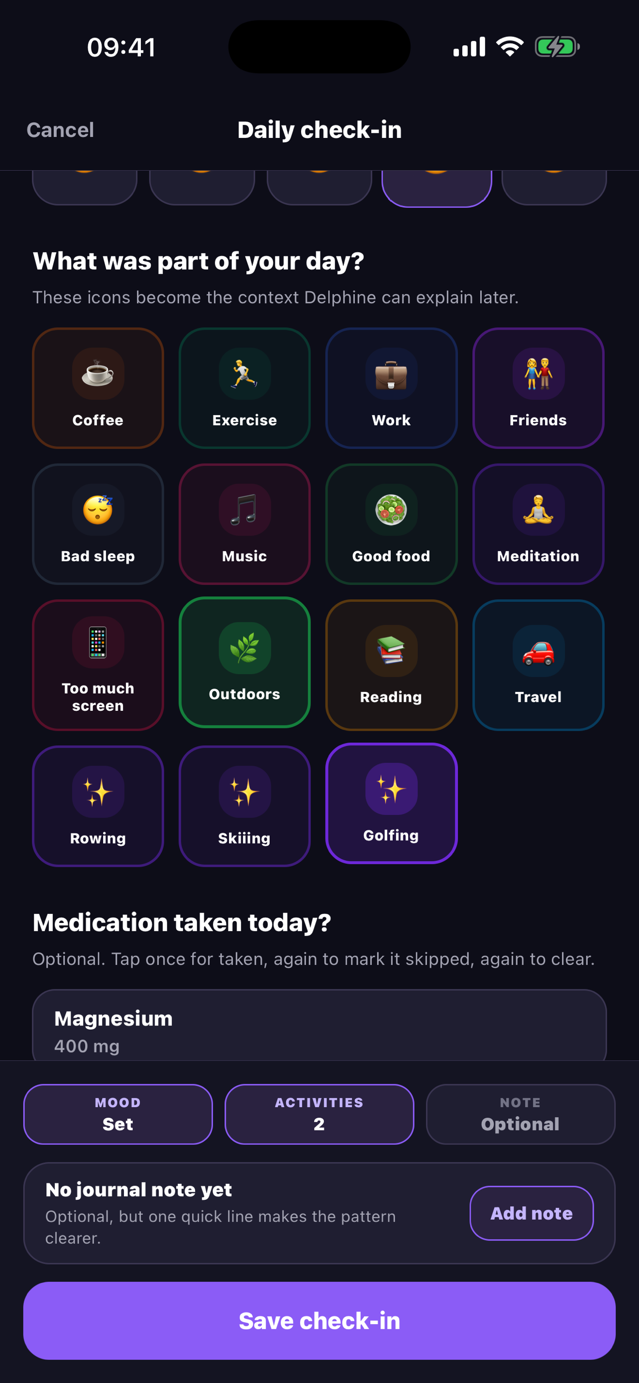 PatternEcho daily check-in screen with journal note