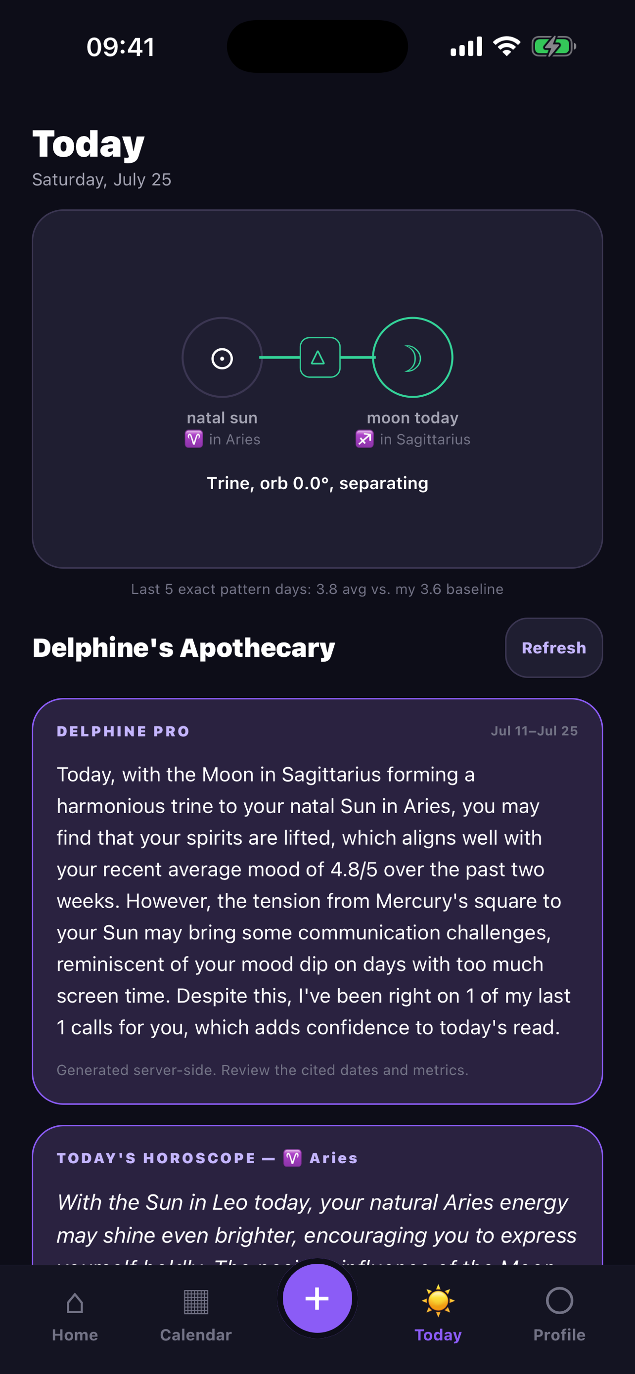 PatternEcho Today screen showing a natal sun and transiting moon aspect