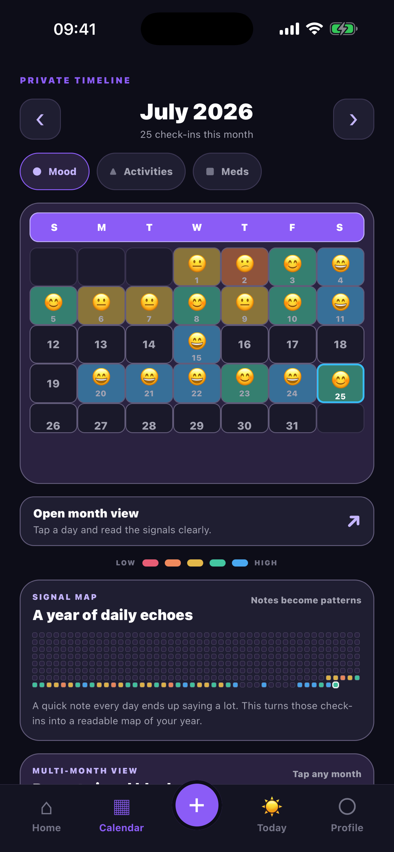 PatternEcho private timeline and calendar view