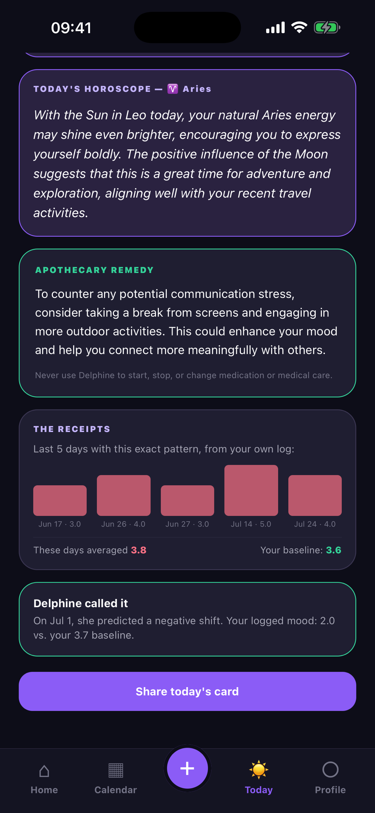 PatternEcho Receipts card showing logged mood on past matching-pattern days